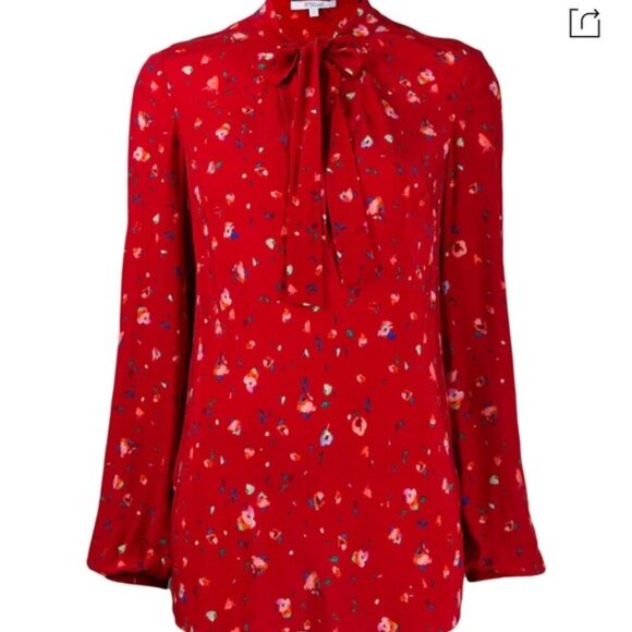 Derek Lam Evadine Blouse Red Floral Tie-neck Long Sleeves Top 2 - Picture 3 of 13